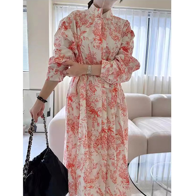 Korean chic spring retro ethnic style stand-up collar buttoned ink print lace-up waist slimming long-sleeved dress