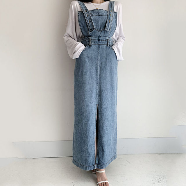 Korean chic early spring niche all-match button open line design high waist slim slit denim strap dress female