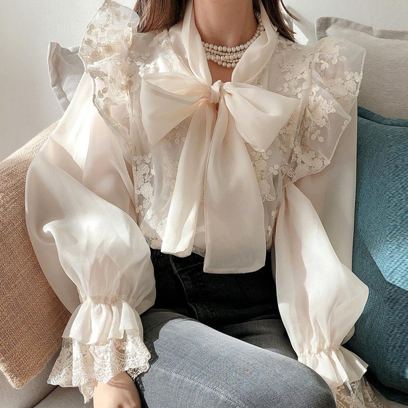 Korean Chic Spring Style Bow Tie Embroidered Lace Crochet Loose Bell Sleeve Shirt Top for Women