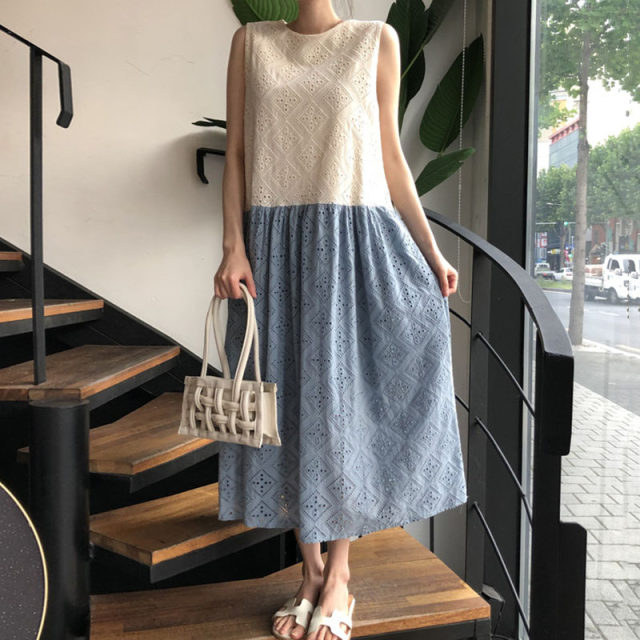 Korean chic summer retro round neck lace hook flower contrast color stitching design loose long vest dress women