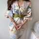 Korean chic summer French elegant V-neck floral print twisted waist slimming long tea break dress for women