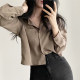 Liangliangjia simple temperament all-match polo collar single-breasted loose casual solid color long-sleeved short shirt top women