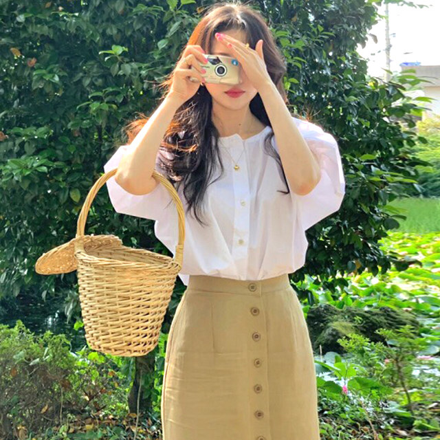 Korean chic summer niche simple round neck loose puff sleeve shirt + high waist single breasted hip skirt