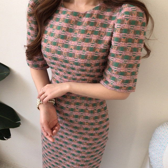 Korean chic early spring foreign style round neck back bow tie with pleated waist puff sleeves duffel dress for women