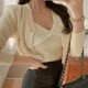 Korean chic autumn new retro V-neck exposed collarbone knitted camisole + single-breasted long-sleeved short cardigan