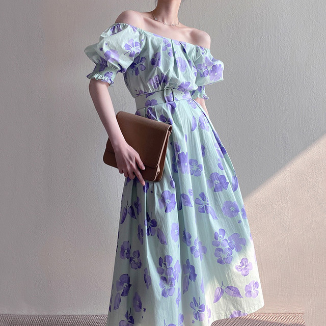 Korean chic elegant one-neck off-the-shoulder pleated design high waist puff sleeve flower dress with belt