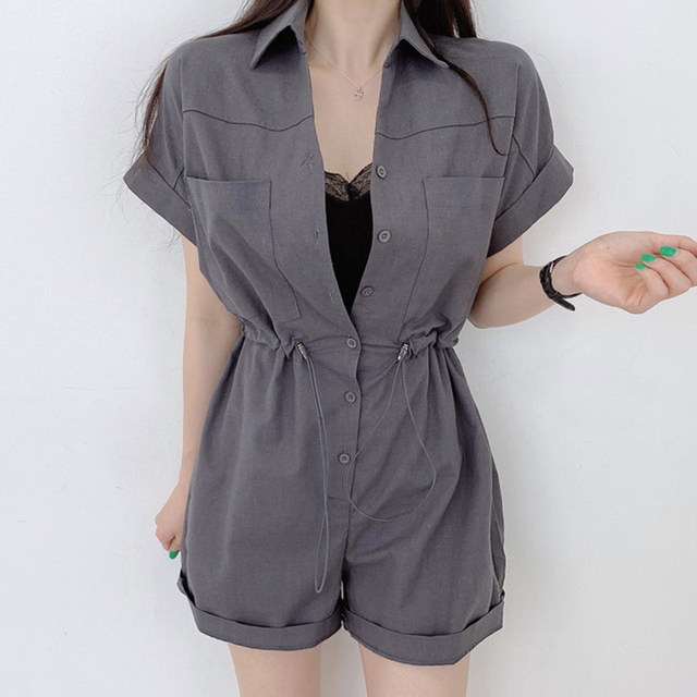 Korean chic summer retro lapel single-breasted large pocket drawstring waist short-sleeved casual jumpsuit shorts women