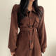 Korean chic autumn retro niche lapel single-breasted straps waist tooling shirt-style corduroy dress