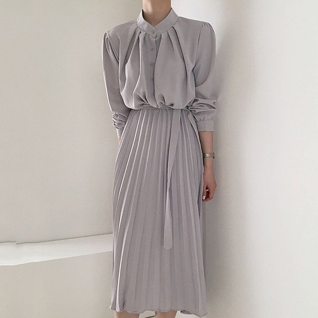 Korean chic minimalist temperament stand-up collar single-breasted button slim waist long section knee-length pleated dress women