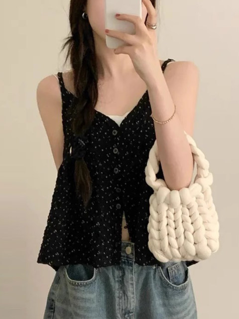 Loose and thin versatile small floral suspender shirt