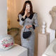 Liangliangjia retro temperament contrasting color lapel pleated lace waist thin and thick long tweed dress women