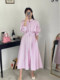 Korean chic spring French style stand-up collar buttoned waist slimming long-sleeved shirt-style striped dress long skirt