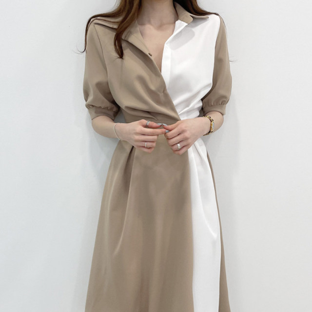 Korean chicc summer French niche lapel design sense of contrast stitching one button waist short-sleeved dress