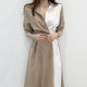 Korean chicc summer French niche lapel design sense of contrast stitching one button waist short-sleeved dress