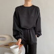 Korean chic simple temperament round neck glossy puff sleeve shirt + high waist leggings casual pants trousers suit