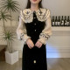 Korean chic autumn French retro double-layered doll collar fake two-piece waist slimming trumpet sleeve dress for women