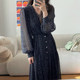 Korean chic spring French romantic V-neck splicing wood ear side tie waist small floral chiffon dress female