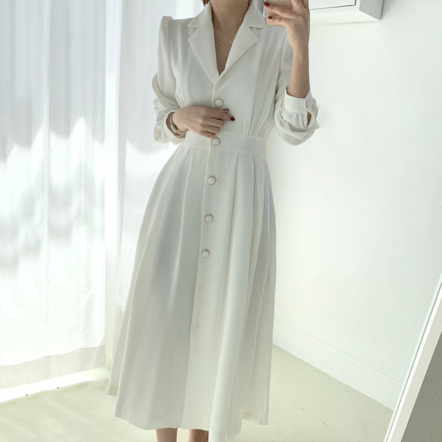 Korean chic spring French retro lapel single-breasted waistband slim solid color shirt-style long dress women
