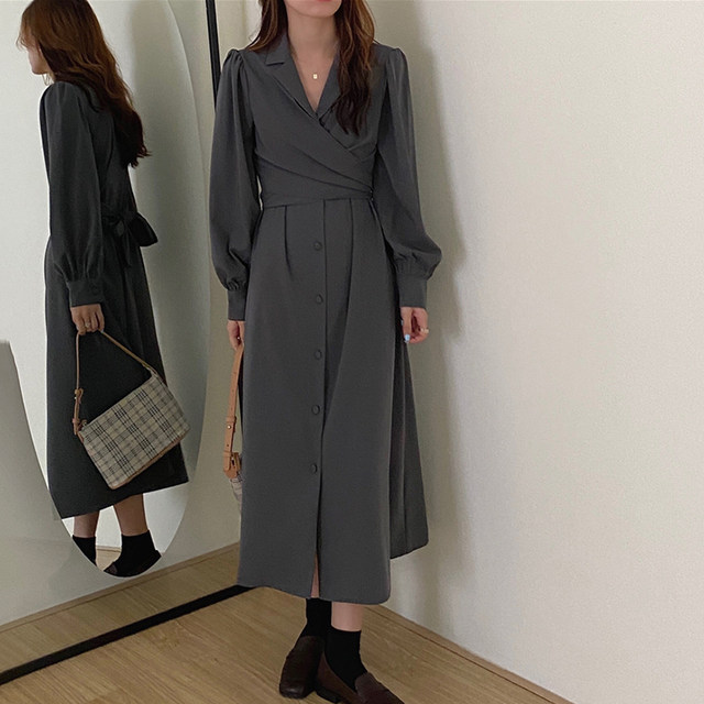 South Korea chic autumn temperament design suit collar was thinner waist tie twisted knee-length long dress women