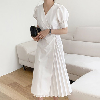 Korean chic summer French V-neck tie waist stitching one-piece mid-length puff sleeve pleated dress