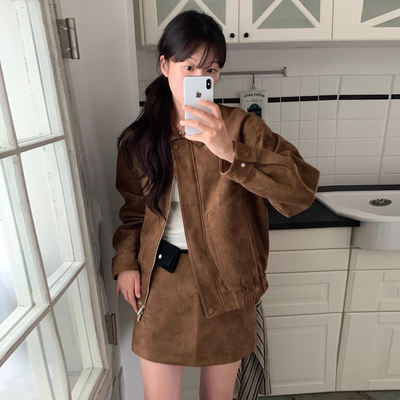 Fashion set: Maillard solid color suede jacket for women, 2025 autumn new high-waisted A-line skirt