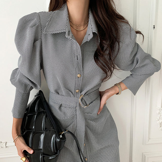 Korean chic temperament lapel unique single-breasted pleated belt plaid design puff sleeve dress long skirt female