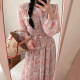 Korean chic spring French style gentle round neck floral dyed lace-up waist slimming long-sleeved floral dress