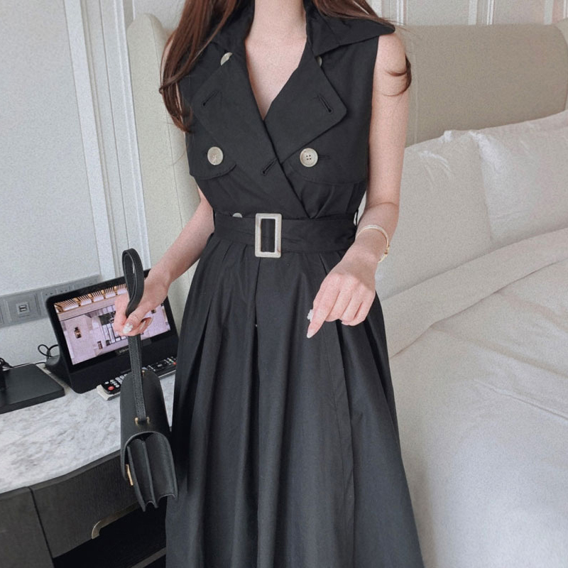 Korean Chic Summer French Elegant Suit Collar Double-Breasted Tie Waist Slimming Sleeveless Vest Dress for Women