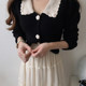 Korean chic retro lapel chic button sweater + high waist lace crochet stitching mesh skirt women