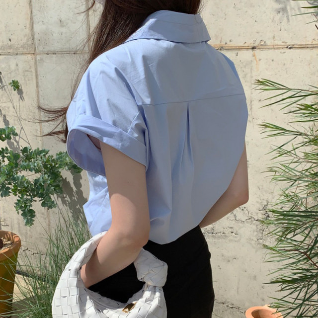 Korean chic spring elegant simple lapel single-breasted design loose all-match short-sleeved solid color shirt top women