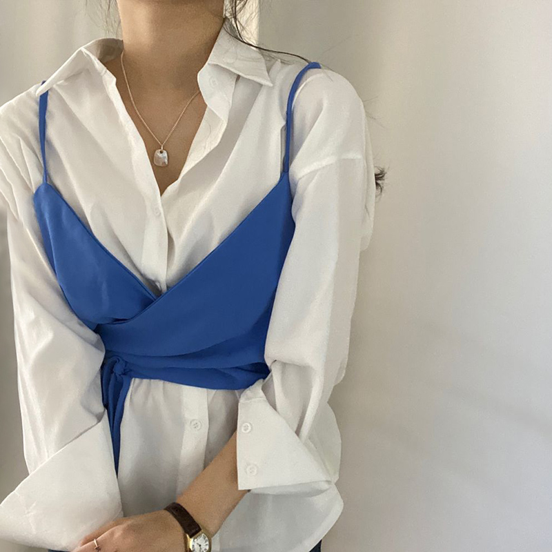 Blue Vestthe republic of korea chic Early autumn Minority Sense of design Lapel Long sleeve shirt + pinkycolor  Bandage Close your waist camisole vest female