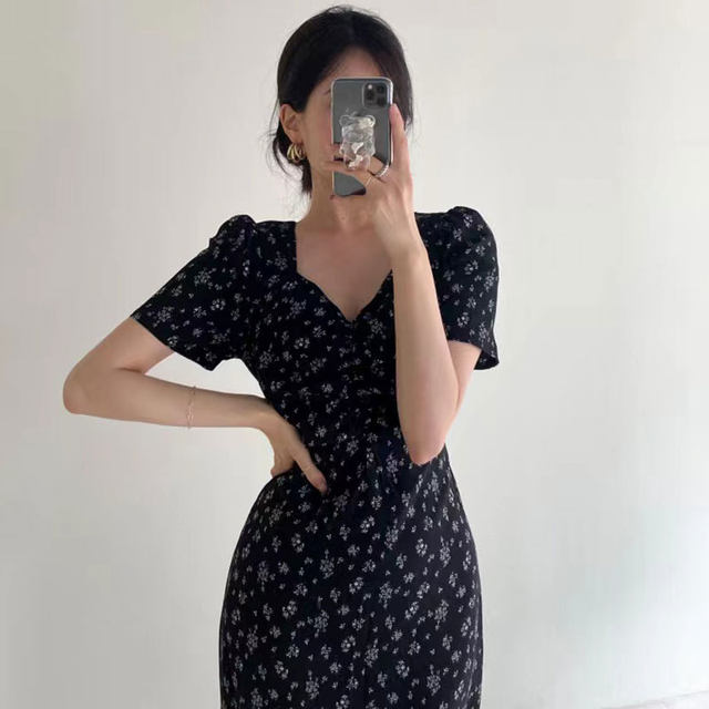Korean chic spring and summer gentle small fresh square collar pleated tie belt hollow backless short-sleeved floral dress female