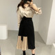 Korean chic temperament lapel glossy long-sleeved shirt + high waist tie color contrast stitching pleated skirt female