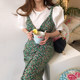 Korean chic spring wild round neck loose puff sleeve shirt + slim long floral suspender dress female