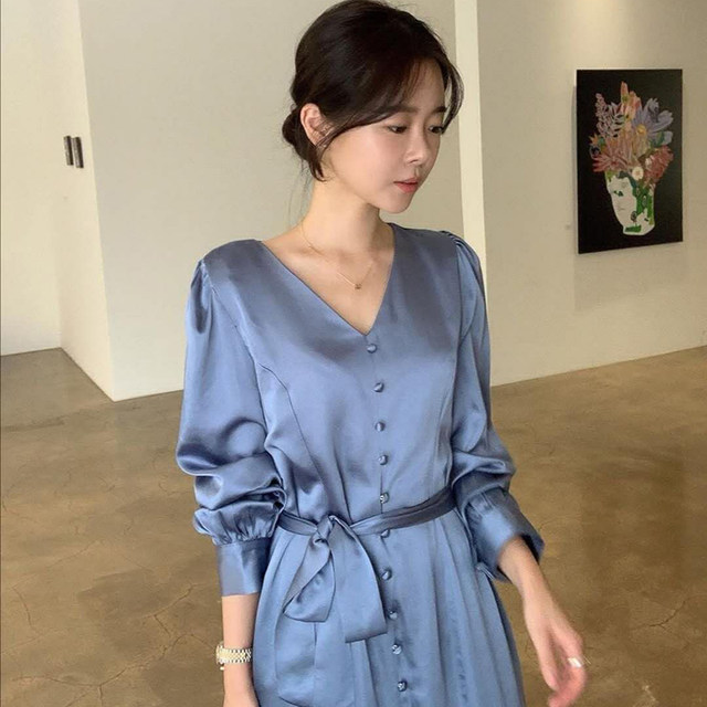 Korean chic temperament elegant smog blue thin V-neck loose tie waist fishtail dress long skirt female