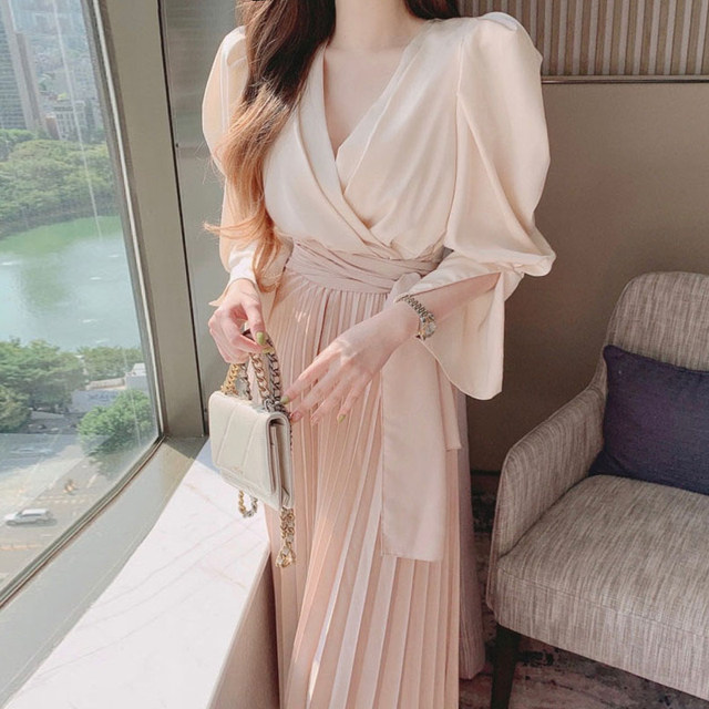 Korean chic elegant cross V-neck irregular lace waist slim puff sleeve pleated long dress women