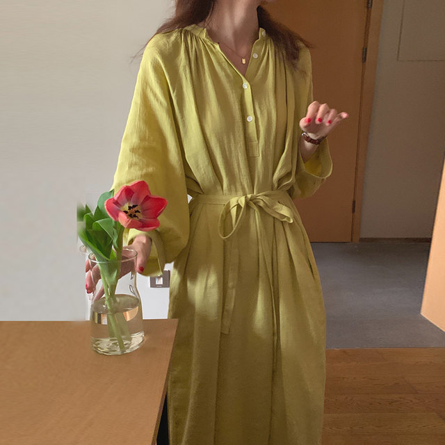 Korean chic temperament simple V-neck green skin single-breasted tie waist puff sleeve dress long skirt women