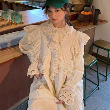 Korean chic autumn retro palace style hollow carved hole embroidered frill design textured horn sleeve dress female