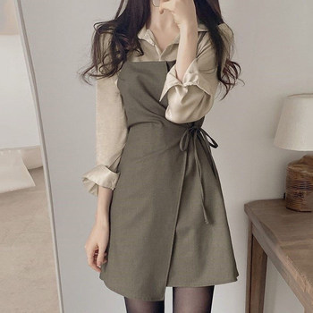 Liangliangjia Retro Hong Kong style sister ~ side strap suspender dress lapel puff sleeve shirt suit female