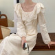 Korean chic French retro square collar stitching hollow embroidery flower lace-up waist slimming long-sleeved dress for women