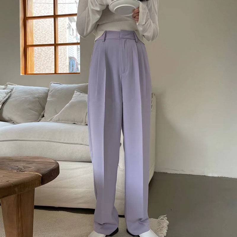 Korean chic summer 100 lap high waist display slim pressure pleat design Loose Sense straight cylinder wide leg Western pants Long pants woman