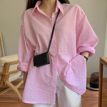 Korean chic gentle lazy wind lapel single-breasted bubble cotton texture plaid loose anti-squat mid-length shirt