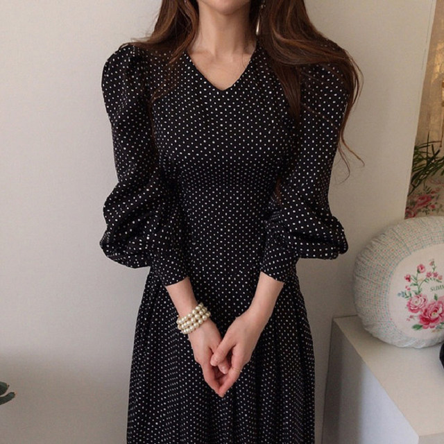 Korean chic retro elegant slim V-neck slim high waist lace-up pleated lantern sleeve polka dot dress for women