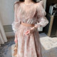 Korean chic early spring sweet and age-reducing round neck slightly permeable ink puff sleeves waist slimming mesh dress female