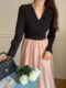 Korean chic spring new style French retro V-neck high waist slim contrast color splicing mesh dress long skirt for women