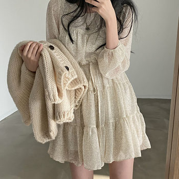 Korean chic early spring niche round neck tie waist slightly transparent puff sleeves wrinkled floral dress short skirt women