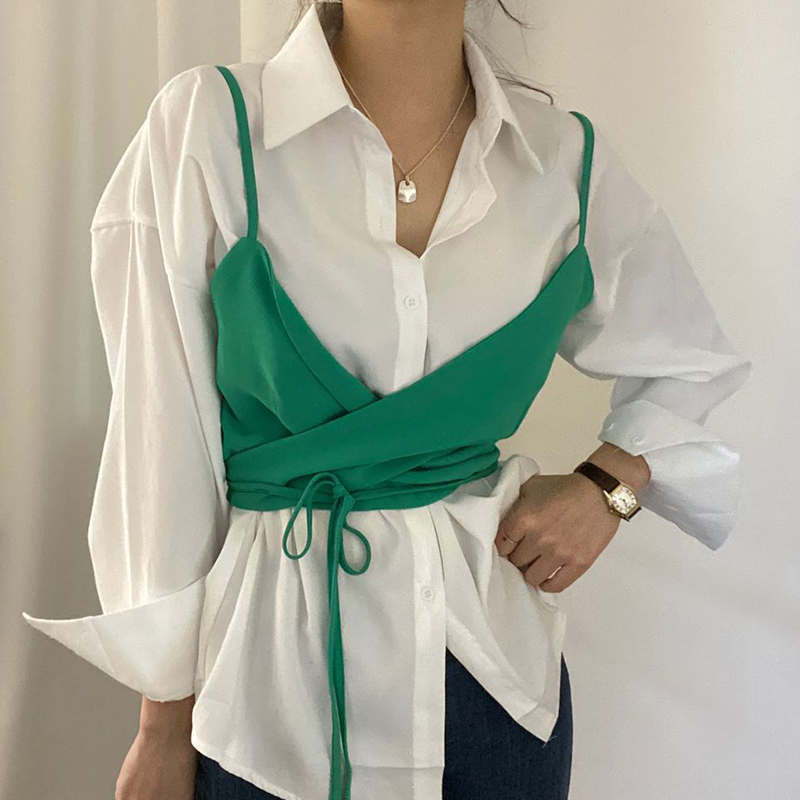 Green Vestthe republic of korea chic Early autumn Minority Sense of design Lapel Long sleeve shirt + pinkycolor  Bandage Close your waist camisole vest female