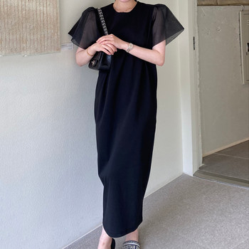 Korean chic summer French Hepburn style round neck loose design stitching flying sleeves over the knee long dress women