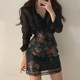 Korean chic elegant pink lapel perspective long-sleeved shirt + high waist A-shaped small floral skirt short skirt women