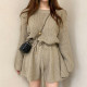 Korean chic autumn niche retro round neck drawstring tie waist long-sleeved knitted wide-leg jumpsuit shorts women